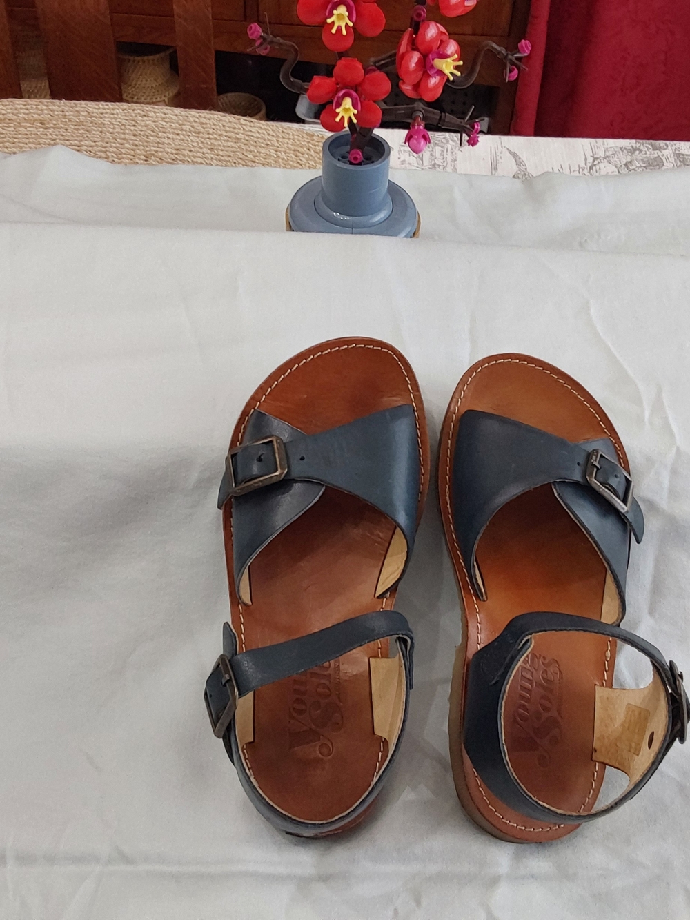 Kids Navy Leather Buckle Sandals with Adjustable Straps